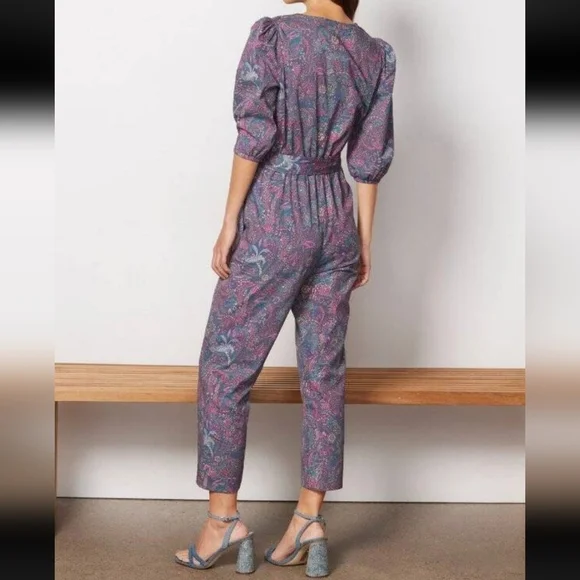EVEREVE WOMENS floral Fall jumpsuit 3/4 ballon sleeves ockets cotton blend Small - Picture 2 of 15